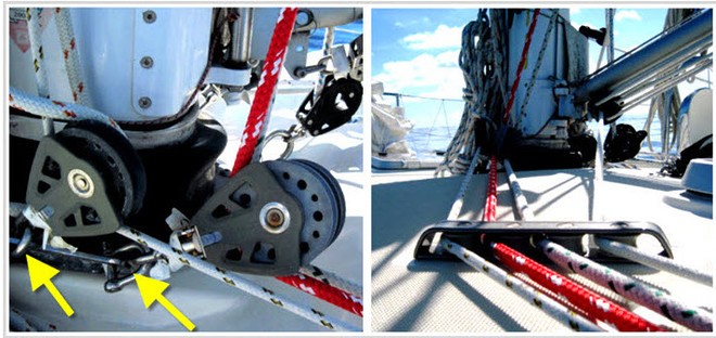 Photos show the exit block detail on the port side of the mast. Note how the exit blocks are shackled to a plate at the mast base (yellow arrows). The deck-mounted line organizer blocks (right photo) redirect each control line aft to the cockpit. Match line diameter to each block and keep line leads straight. This helps prevent excess friction, chafe, and loading on lines and sailing gear. &copy; John Jamieson