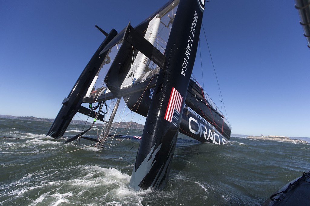 17/10/2012 - San Francisco (USA,CA) 34th America's Cup - ORACLE Team USA AC 72 capsizes during training in San Francisco Bay and is pushed out of the bay by the tide current as the team try to salvage the platform. - Oracle Team USA capsize AC72 Oct 16, 2012 photo copyright Guilain Grenier Oracle Team USA http://www.oracleteamusamedia.com/ taken at  and featuring the  class