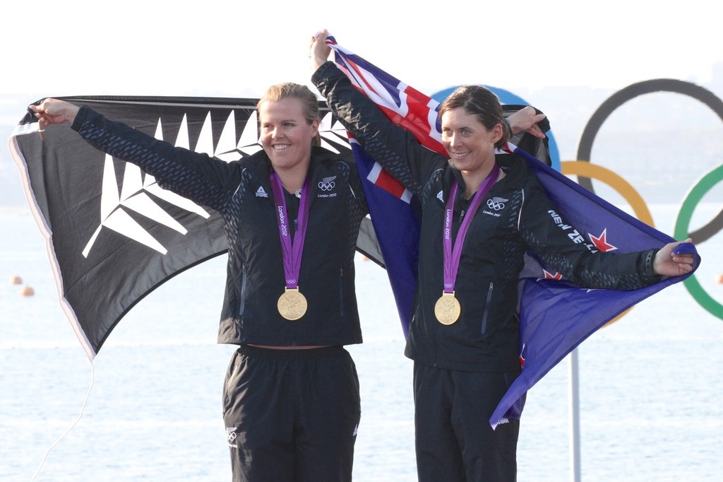  August 10, 2012 - Weymouth, England - Olivia Powrie and Jo Aleh after being presented with the Gold Medal in the Womens 470 © Richard Gladwell www.photosport.co.nz