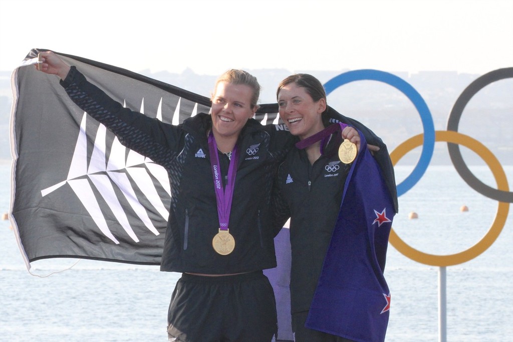  August 10, 2012 - Weymouth, England - Olivia Powrie and Jo Aleh after being presented with the Gold Medal in the Womens 470 © Richard Gladwell www.photosport.co.nz