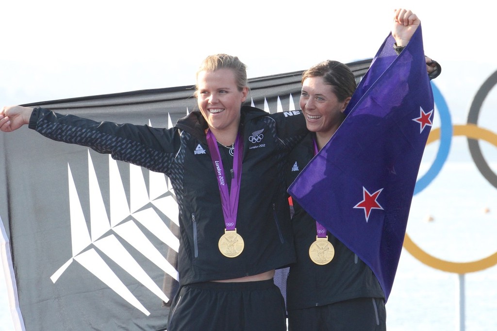  August 10, 2012 - Weymouth, England - Olivia Powrie and Jo Aleh after being presented with the Gold Medal in the Womens 470 © Richard Gladwell www.photosport.co.nz