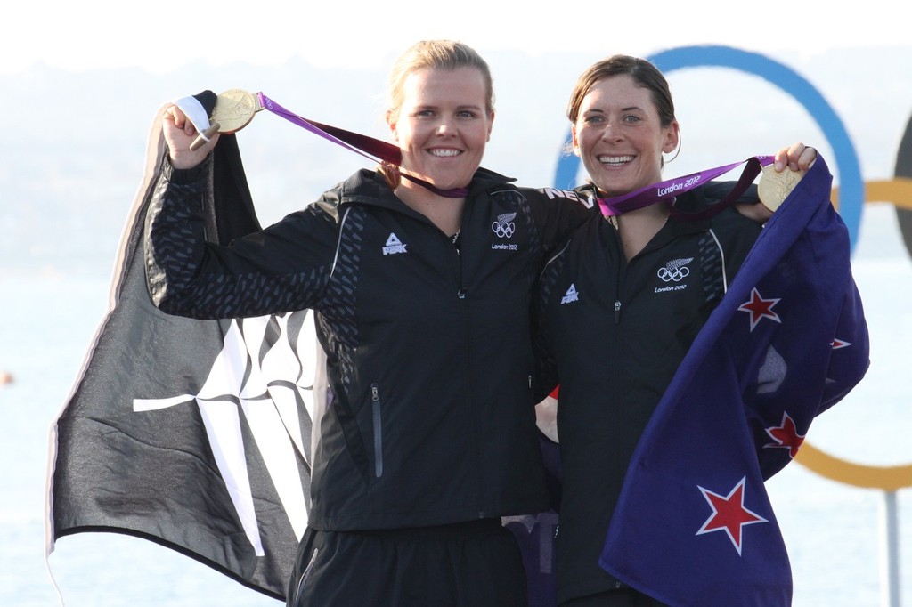  August 10, 2012 - Weymouth, England - Olivia Powrie and Jo Aleh after being presented with the Gold Medal in the Womens 470 © Richard Gladwell www.photosport.co.nz