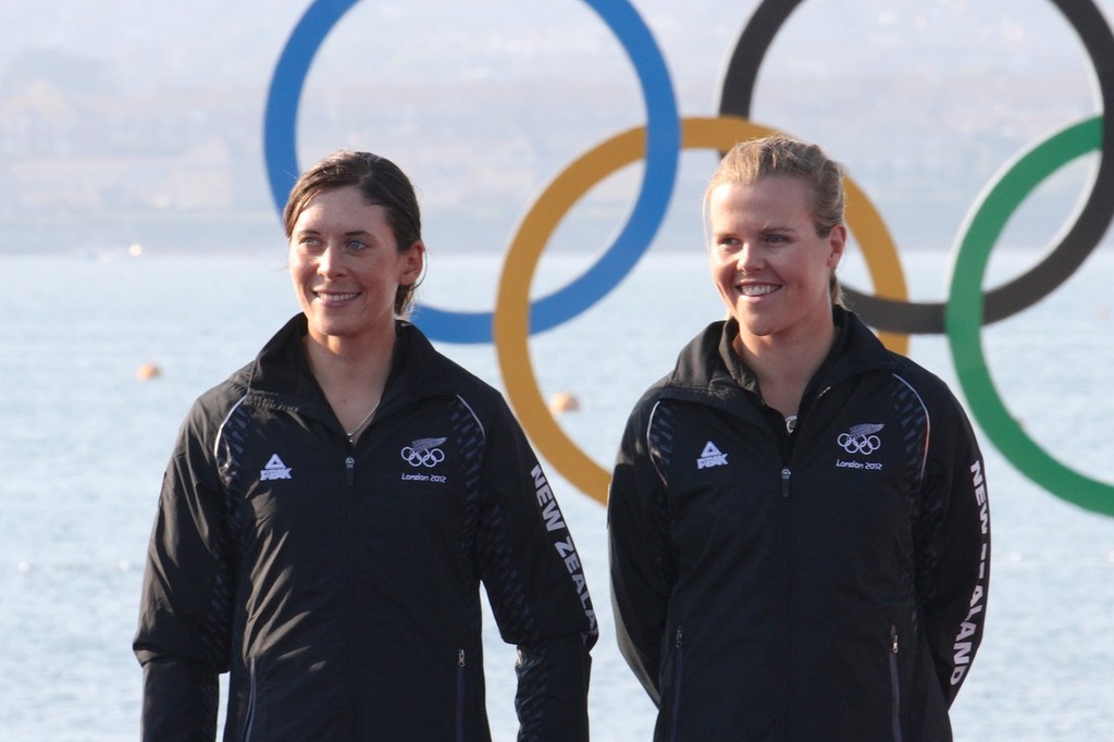  August 10, 2012 - Weymouth, England -    Jo Aleh and Olivia Powrie await the award of the Gold Medal for the Womens 470 © Richard Gladwell www.photosport.co.nz
