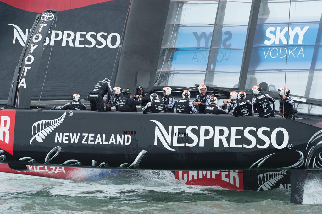 Emirates Team New Zealand takes Tom Cruise for a ride on NZL5 after the Round Robin 5 race against luna Rossa. Louis Vuitton Cup 2013. San Francisco. 28/7/2013 © Chris Cameron/ETNZ http://www.chriscameron.co.nz