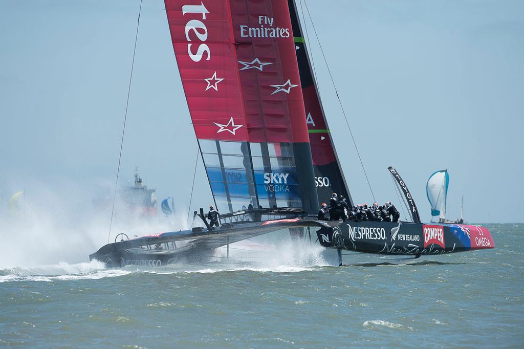 Emirates Team New Zealand takes Tom Cruise for a ride on NZL5 after the Round Robin 5 race against luna Rossa. Louis Vuitton Cup 2013. San Francisco. 28/7/2013 © Chris Cameron/ETNZ http://www.chriscameron.co.nz