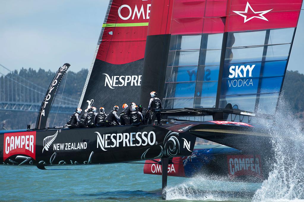 Emirates Team New Zealand takes Tom Cruise (in black helmet) for a ride on NZL5 after the Round Robin 5 race against luna Rossa. Louis Vuitton Cup 2013. San Francisco. 28/7/2013 © Chris Cameron/ETNZ http://www.chriscameron.co.nz