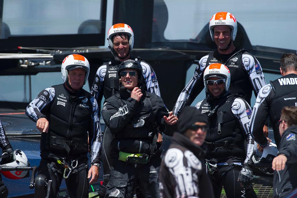 Emirates Team New Zealand takes Tom Cruise (in Black Helmet) for a ride on NZL5 after the Round Robin 5 race against luna Rossa. Louis Vuitton Cup 2013. San Francisco. 28/7/2013 © Chris Cameron/ETNZ http://www.chriscameron.co.nz