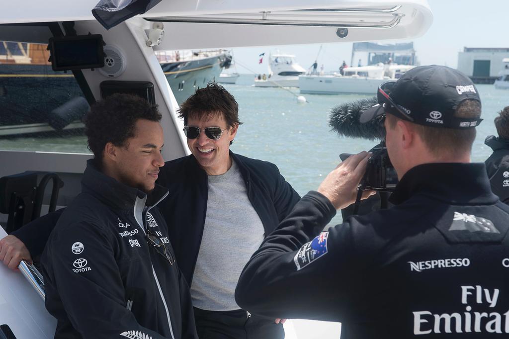Tom Cruise and his son Conner relate their experience on NZL5 to Emirates Team New Zealand . Louis Vuitton Cup 2013. San Francisco. 28/7/2013 © Chris Cameron/ETNZ http://www.chriscameron.co.nz