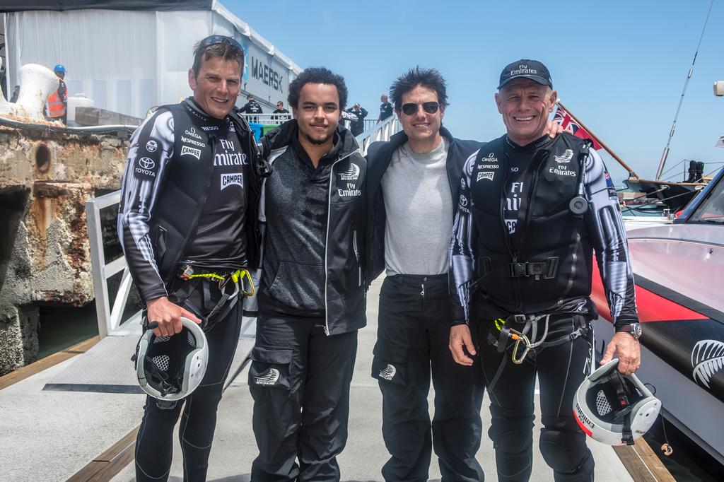 Emirates Team New Zealand takes Tom Cruise for a ride on NZL5 after the Round Robin 5 race against luna Rossa. Louis Vuitton Cup 2013. San Francisco. 28/7/2013 © Chris Cameron/ETNZ http://www.chriscameron.co.nz