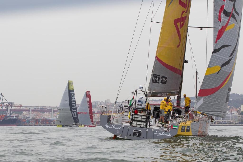 Overall leader Abu Dhabi, chases the fleet out of Lisbon - Volvo Ocean Race. Leg 8 start, Lisbon, Portugal to Lorient, France. ©  Ian Roman / Abu Dhabi Ocean Racing