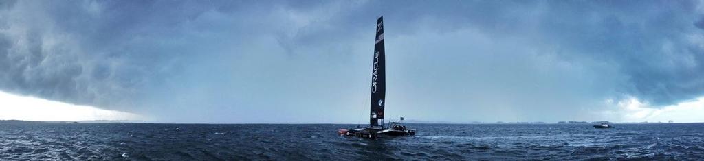 Oracle Team USA about to be hit with a rain squall while training in Bermuda © Oracle Team USA media