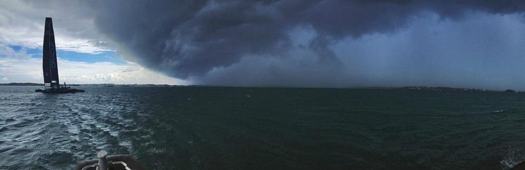 Oracle Team USA about to be hit with a rain squall while training in Bermuda © Oracle Team USA media