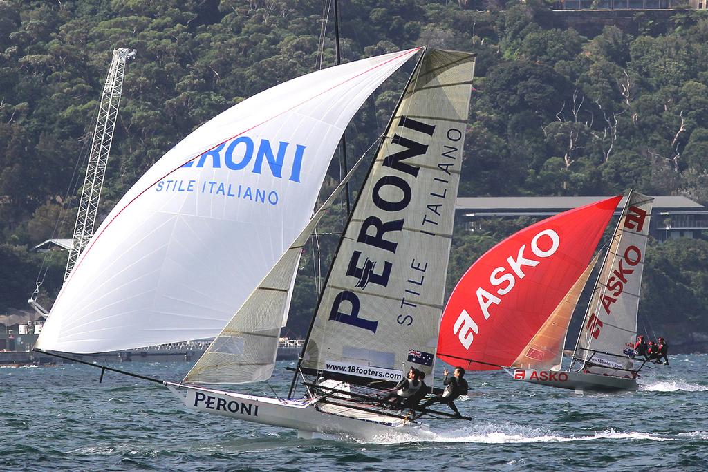 Peroni and Asko Appliances midway down the final run - Race 3 - JJ Giltinan Trophy 2016 photo copyright Frank Quealey /Australian 18 Footers League http://www.18footers.com.au taken at  and featuring the  class