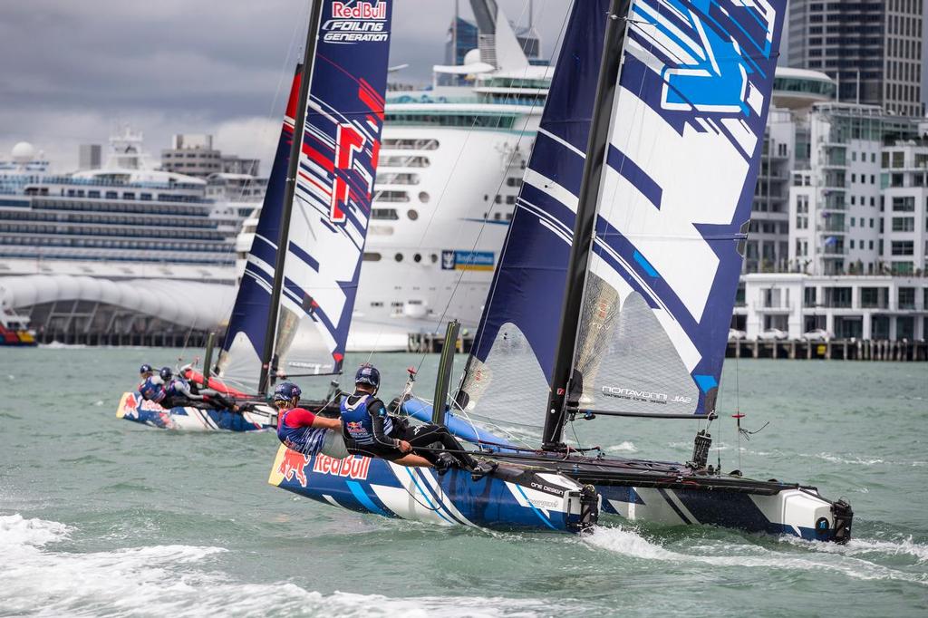 Young Sailors train in practice during Foiling Generation on the Waitemata Harbour in Auckland, New Zealand on March 2, 2016 photo copyright Red Bull Content Pool taken at  and featuring the  class
