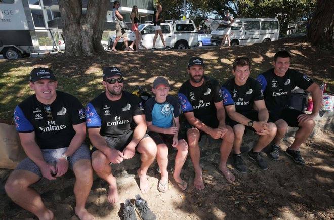 Emirates Team New Zealand grinders have a picture with a young fan - Emirates Team NZ at the Toyota NZ Optimist Nationals © Hamish Hooper/Emirates Team NZ http://www.etnzblog.com
