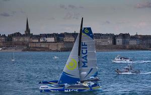 Macif sails over the warm up start line. - 2016 Transat Bakerly photo copyright Lloyd Images http://lloydimagesgallery.photoshelter.com/ taken at  and featuring the  class