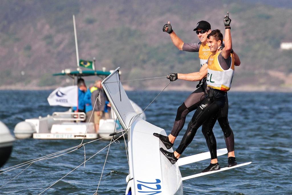 Burling and Tuke celebrate their Gold Medal win - 49er Medal race- 2016 Sailing Olympics photo copyright Richard Gladwell www.photosport.co.nz taken at  and featuring the  class