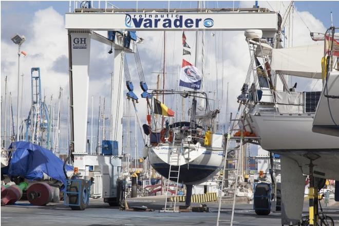 Anakin being worked on at the Rolnautic Varadero. She was due to leave with the ARC+ fleet but had rudder problems. The crew and boat yard staff are working hard so she can leave soon and catch the fleet up. © WCC / Clare Pengelly