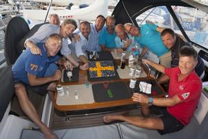 The crews of Angels' Share and Lisanne enjoy drinks and cake after challenging one another in a friendly competition across the Atlantic - Atlantic Rally for Cruisers photo copyright Clare Pengelly taken at  and featuring the  class