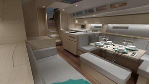 Xp 55 saloon. Optional lifting TV can be lifted on starboard side. Height adjustable saloon table. photo copyright X-Yachts taken at  and featuring the  class