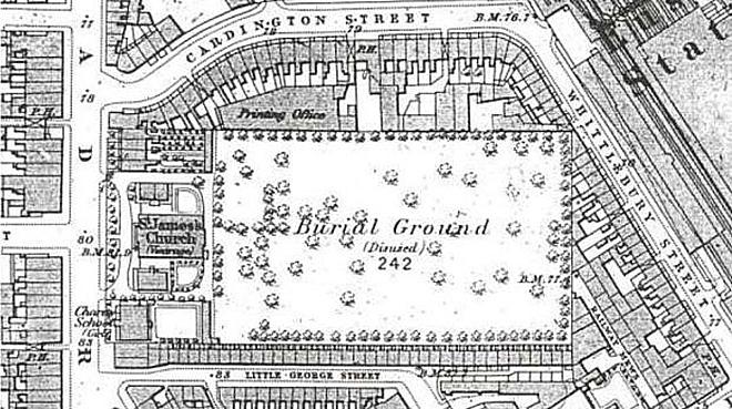 A 19th century map a former burial ground next to Euston station in north London where researchers say Matthew Flinders was buried. © Photos Supplied