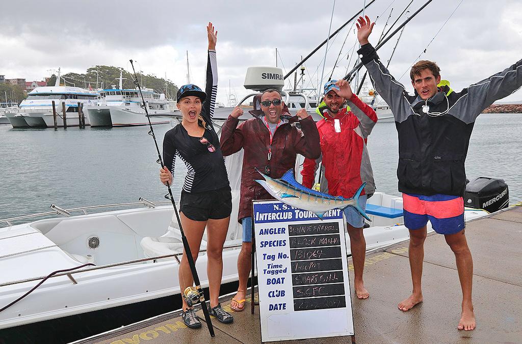 The crew of Baha celebrate in spectacular style after tagging a marlin on Ladies Day. - 2017 NSWGFA Interclub sponsored by Pantaenius ©  John Curnow