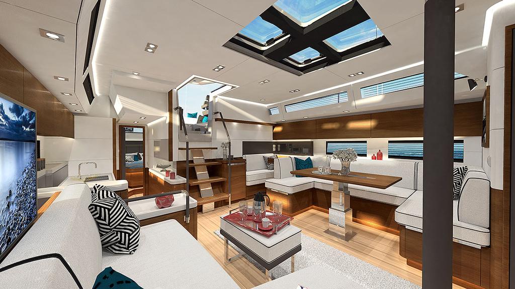 The main saloon is light and airy with the galley off to starboard. © Amel http://www.amel.fr