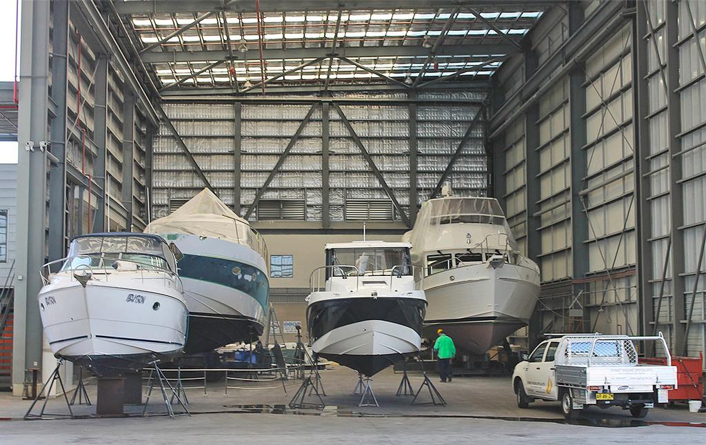 Displacement and planing hull powerboats sit in part of the two-acre undercover hardstand. © Sydney City Marine http:/www.sydneycitymarine.com.au