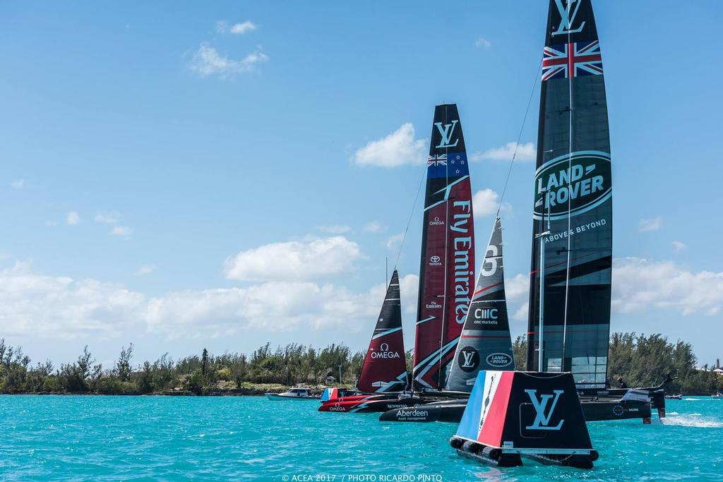 Emirates Team New Zealand and Land Rover BAR in an earlier race in Practice Session 5, Day 2 © ACEA / Ricardo Pinto http://photo.americascup.com/