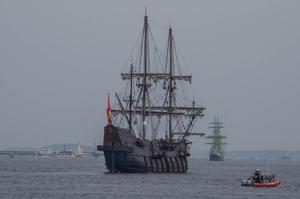 The Spanish tall ship El Galeón in Boston Harbor Saturday. The ship is a replica of a 17th century Spanish galleon photo copyright  Sharon Brody / WBUR taken at  and featuring the  class