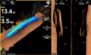 Point Mode (left) provides the highest resolution 3D imagery of underwater objects. CHIRP SideVision (right) provides photo-like details photo copyright Raymarine taken at  and featuring the  class