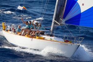 Nothing goes offwind like a Cal 40: Fred Cook's beautiful Sequoia crosses the finish line today - 2017 Transpac Race photo copyright  Sharon Green / Ultimate Sailing taken at  and featuring the  class