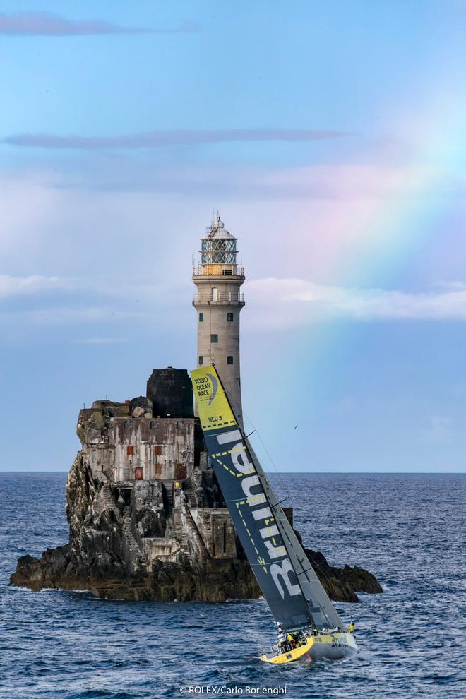 Team Brunel, Sail No: NED 0, Class: Volvo 65, Owner: Volvo Ocean Race, Type: VOR 65 rounding the Fastnet Rock  - 2017 Rolex Fastnet Race ©  Rolex / Carlo Borlenghi http://www.carloborlenghi.net
