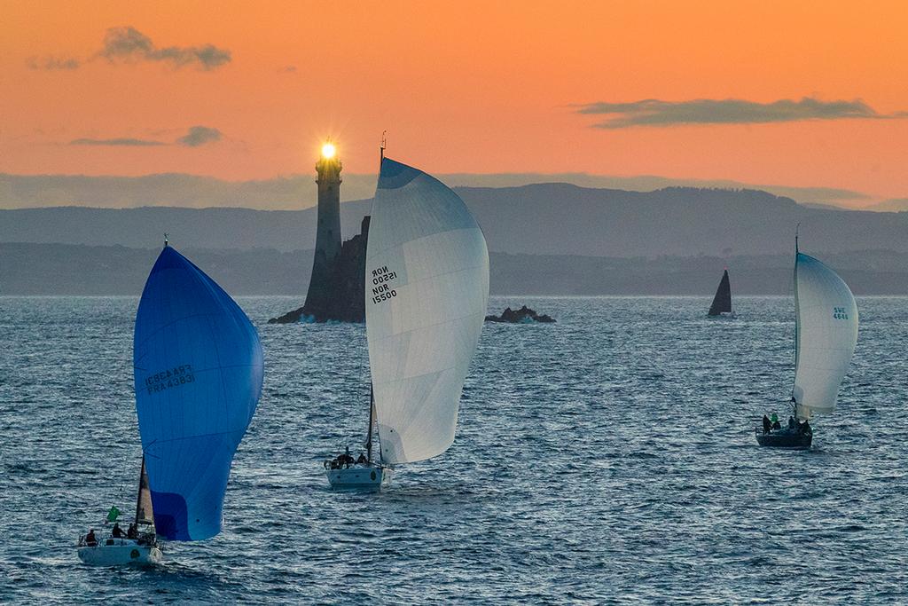 Timeline, Sail No: FRA 43831, Class: IRC Three, Owner: Marc Alperovitch, Type: JPK 10.80 Norxl, Sail No: NOR 15500, Class: IRC One, Owner: Andreas Gottschling, Type: XP 50 Foxy Lady, Sail No: SWE 4646, Class: IRC Two, Owner: Rickard Bergkvist, Type: IMX-40 rounding the Fastnet Rock - Rolex Fastnet Race 2017 © Rolex / Carlo Borlenghi http://www.carloborlenghi.net