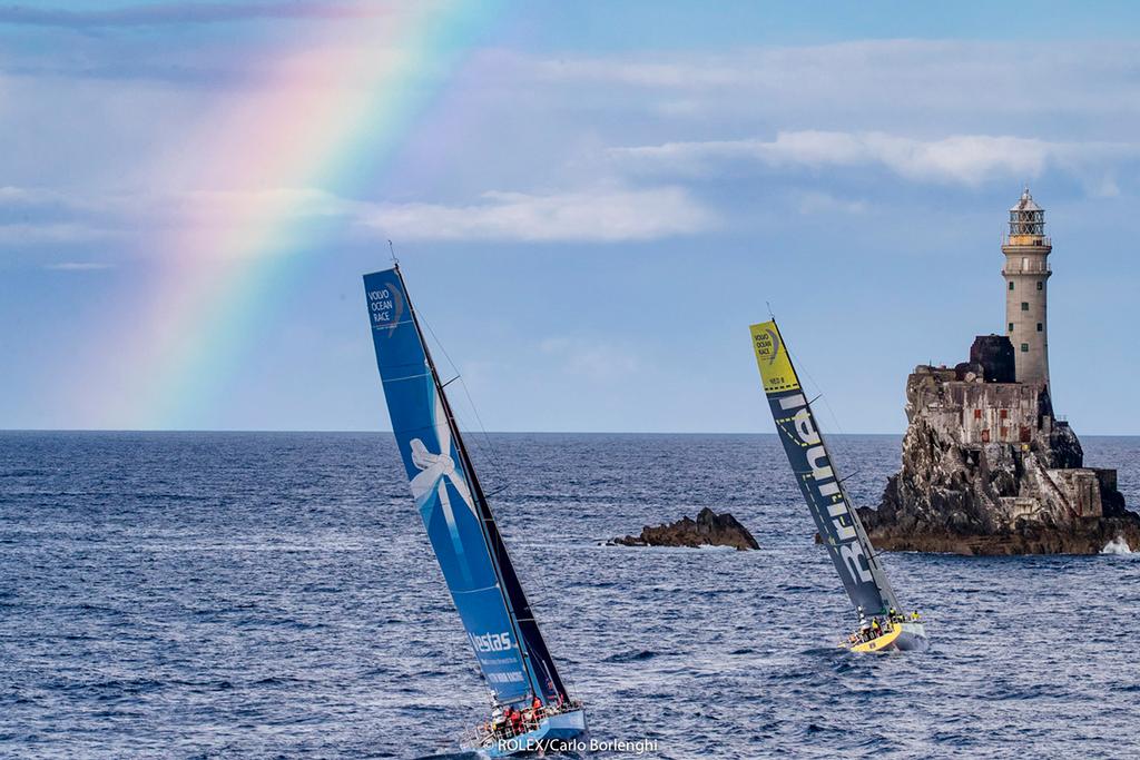 Team Brunel, Sail No: NED 0, Class: Volvo 65, Owner: Volvo Ocean Race, Type: VOR 65 Vestas 11th Hour Racing, Sail No: USA 0, Class: Volvo 65, Owner: Volvo Ocean Race, Type: VOR 65 rounding the Fastnet Rock - 2017 Rolex Fastnet Race ©  Rolex / Carlo Borlenghi http://www.carloborlenghi.net