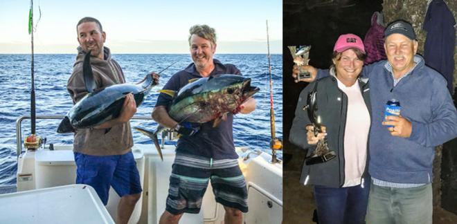 Left: Legend III crew members Sam Taranto and Richard Doyle with tuna. Right: Janine and Mark Slocombe display their Promac Air fishing trophies. © Riviera Australia