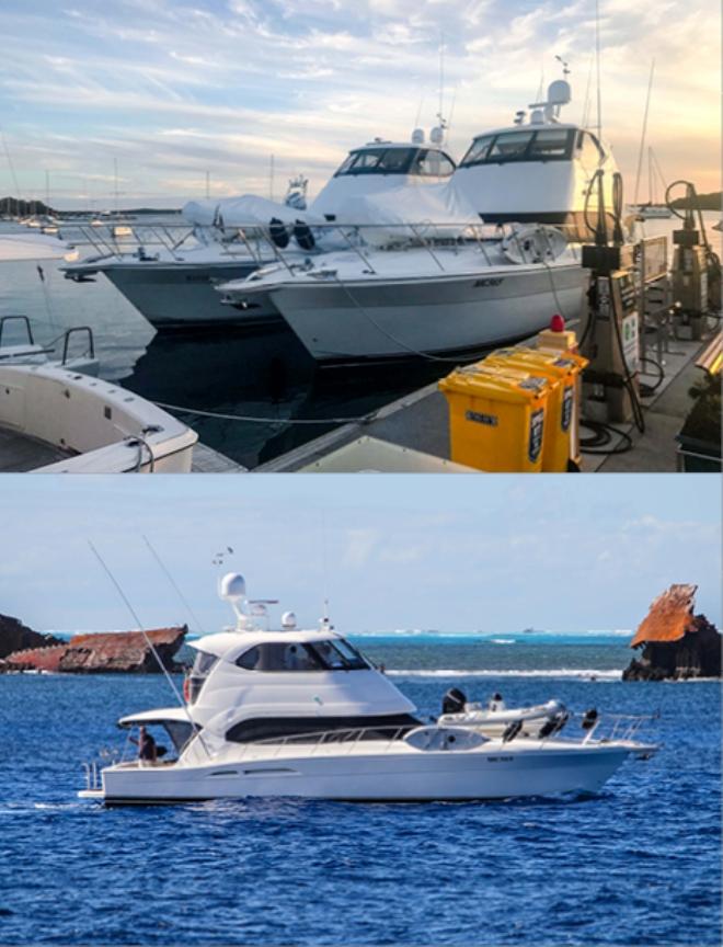 Top: Taking on fuel in Port Stephens. Bottom: Prime Mover at Middleton Reef. © Riviera Australia