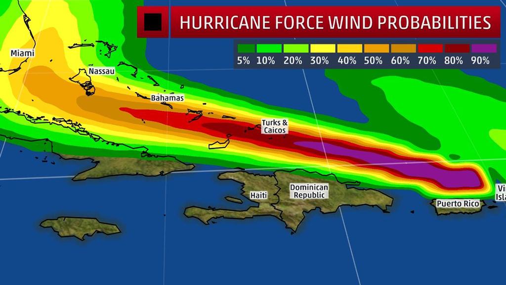 Hurricane Force Wind Probabilities - The shaded colors represent the probability of any one location experiencing hurricane force winds from Irma in the next five days. © The Weather Channel