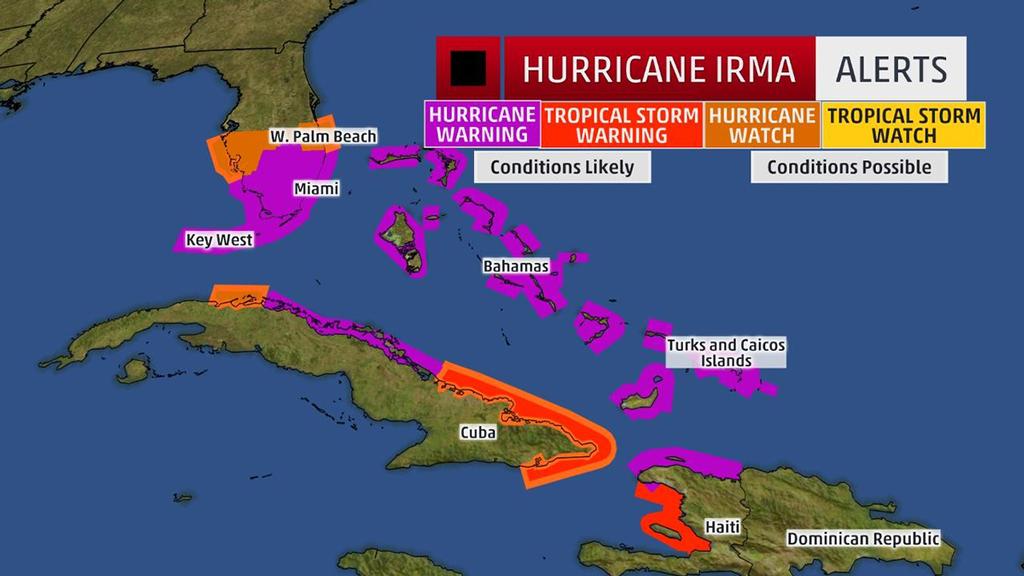 Watches and Warnings  A watch means hurricane or tropical storm conditions are possible within 48 hours. A warning means those conditions are expected within 36 hours © The Weather Channel