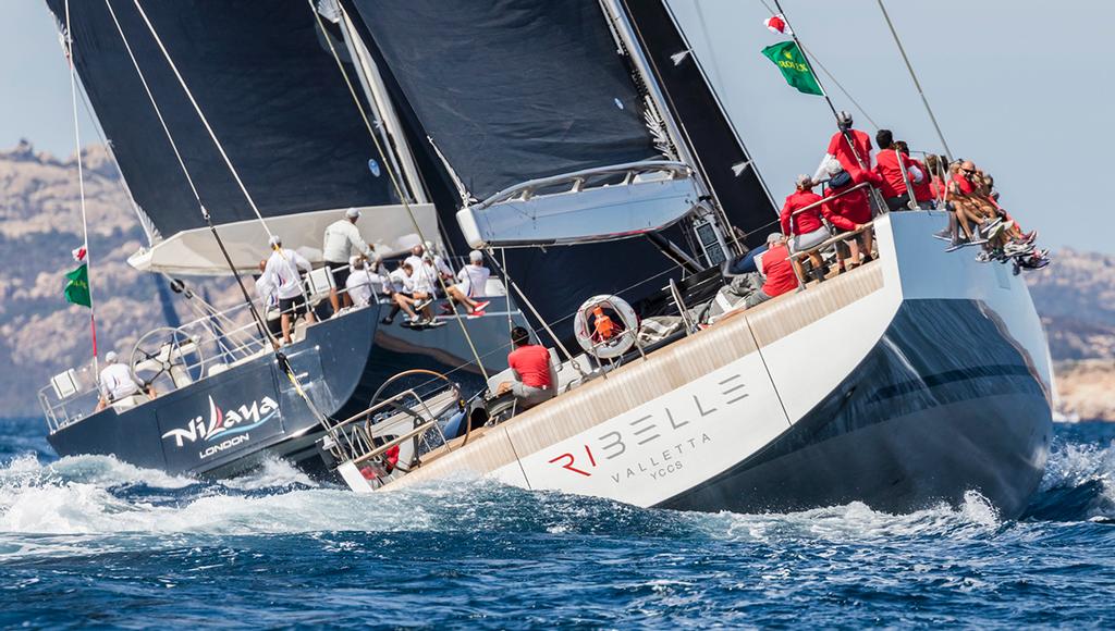 Filip Balcaen's Nilaya leads Salvatore Trifiro's Ribelle in the Supermaxi class. - Maxi Yacht Rolex Cup and Rolex Maxi 72 World Championship 2017 ©  Rolex / Carlo Borlenghi http://www.carloborlenghi.net