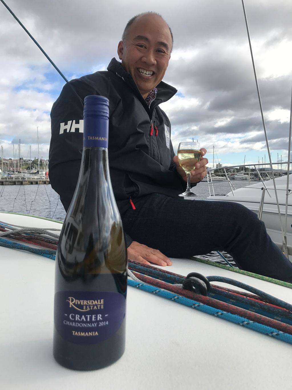 Derwent Sailing Squadron Commodore Dr Steve Chau toasts the news sponsor of the L2H – Rivversdale Estate Wines. photo copyright Derwent Sailing Squadron http://www.dssinc.org.au taken at  and featuring the  class