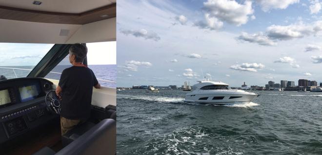 Left: At the helm in the calm waters of Cape Cod Bay. Right: Arriving at Provincetown © Riviera Australia