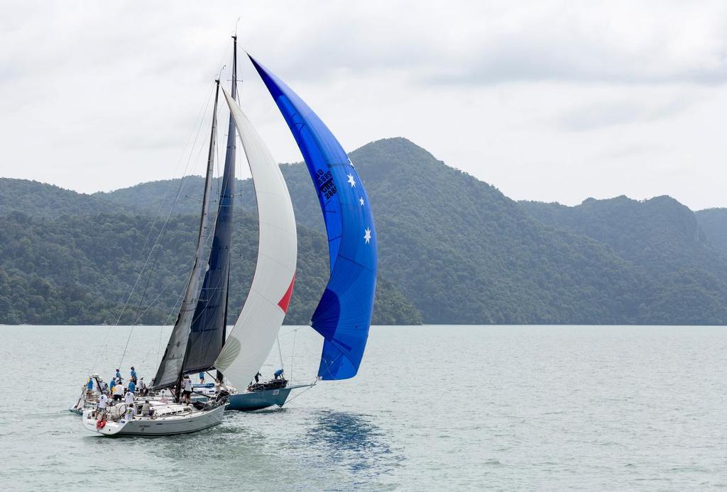 Antipodes and Fast Track, heading off down Kuah Harbour. 2017 Raja Muda Selangor International Regatta. © Guy Nowell / RMSIR