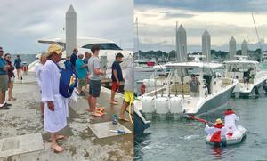 Left: Awaiting their turn in the tender relay. Right: The tender relay. photo copyright Riviera Australia taken at  and featuring the  class