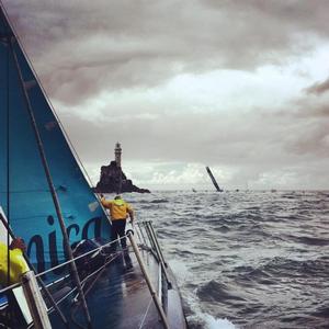 An onboard shot shows Volvo 70 Monster Project coming up to the iconic Fastnet Rock in the Rolex Fastnet Race this year photo copyright  Monster Project taken at  and featuring the  class