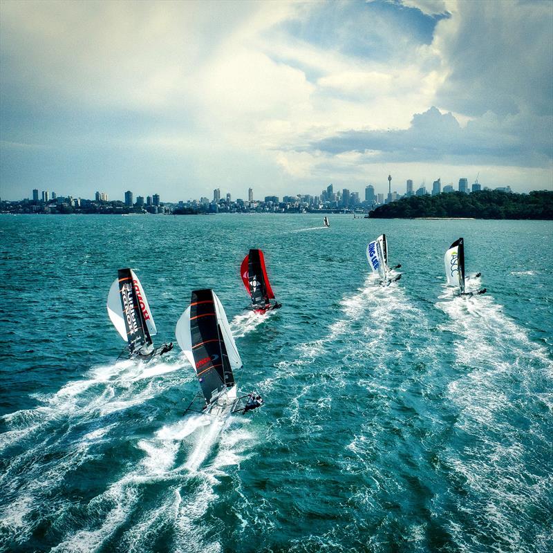 Day 3 - downwind - 2019 JJ Giltinan Championship, Sydney Harbour, March 2019, photo copyright Aeromedia taken at Australian 18 Footers League and featuring the 18ft Skiff class