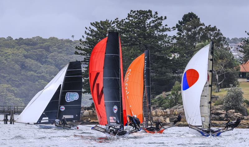 Fleet under spinnakers off Shark Island - 2025-26 Australian 18ft Skiff Championship Day 2 - photo © SailMedia