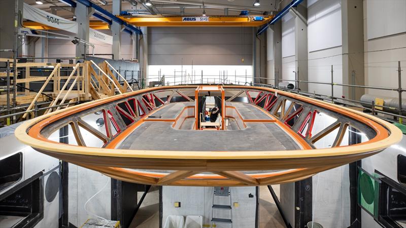 Raven's dramatic bird's nest cockpit structure forms a unique two-way observation ‘dome', it is constructed of carbon composite mullions hand painted by a local artisan in Jakobstad to resemble timber - photo © Baltic Yachts