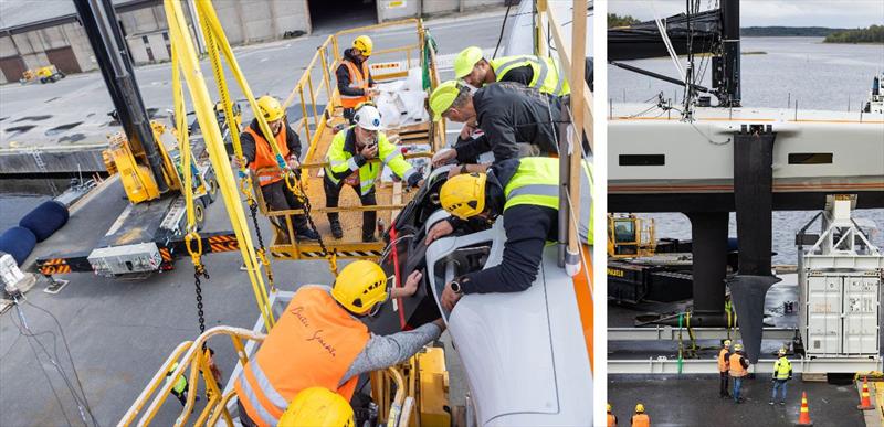 Baltic 111 Custom foil-assisted superyacht 'Raven' - Baltic's build team connect Raven's side arms inserting the pin to complete the hinge mechanism - photo © Eva-Stina Kjellman