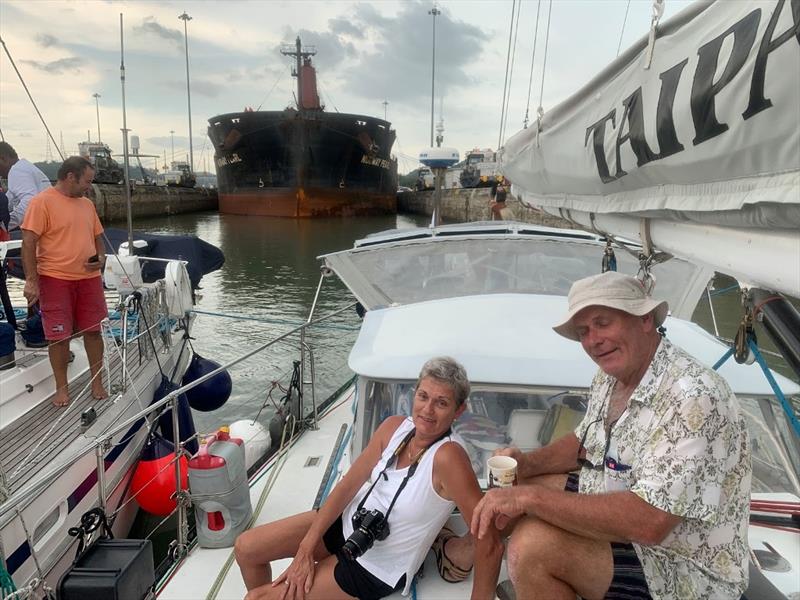 Happy crew, Corinne and Michael, (Andrew behind). Arrived in the Pacific. Now they've done the canal both ways. Once by ship and now on a real boat! - photo © SV Taipan